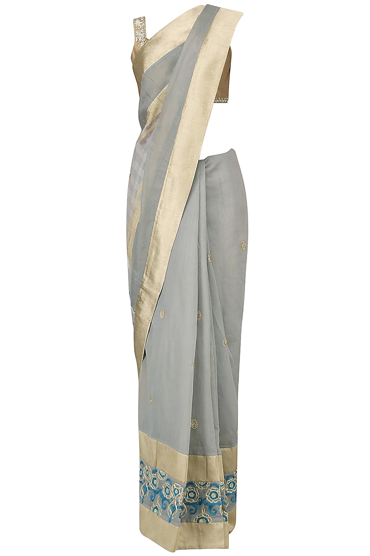 Grey Embroidered Striped Saree with Gold Blouse by Aharin India