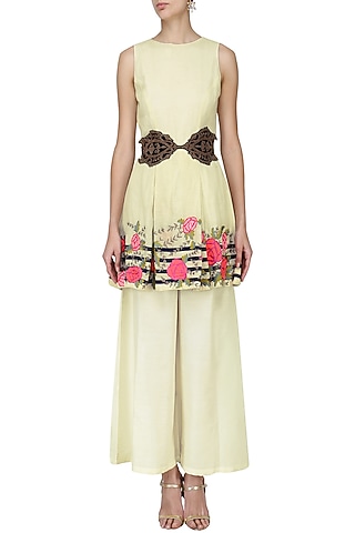 White Floral Embroidered Tunic with Palazzo Pants Set by Aharin India