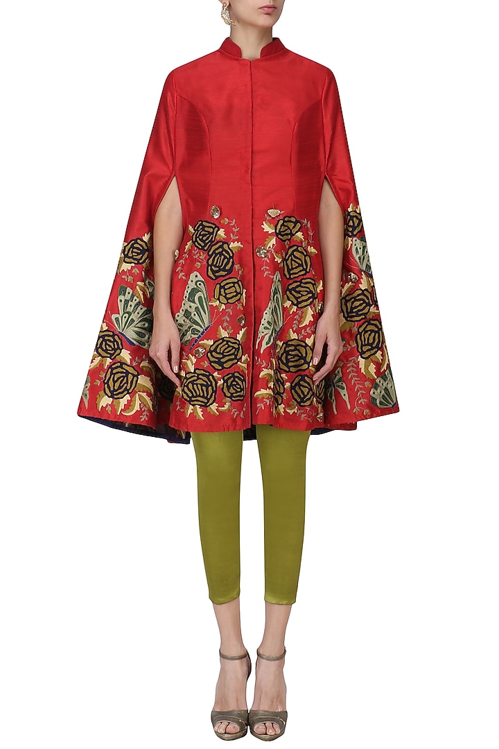Maroon embroidered cape with olive fitted pants set available only at Pernia's Pop Up Shop.