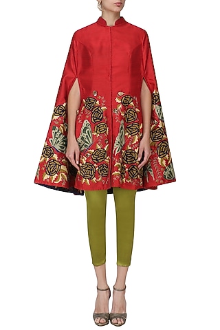 Maroon Embroidered Cape with Olive Fitted Pants Set by Aharin India