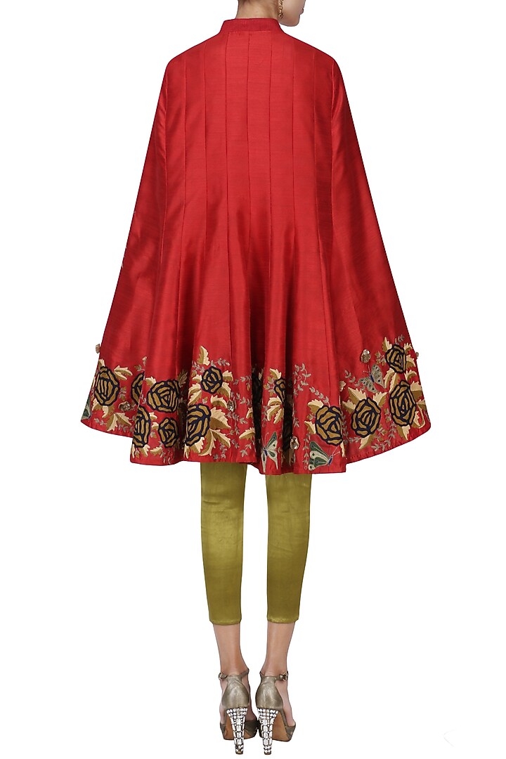 Maroon embroidered cape with olive fitted pants set available only at Pernia's Pop Up Shop.