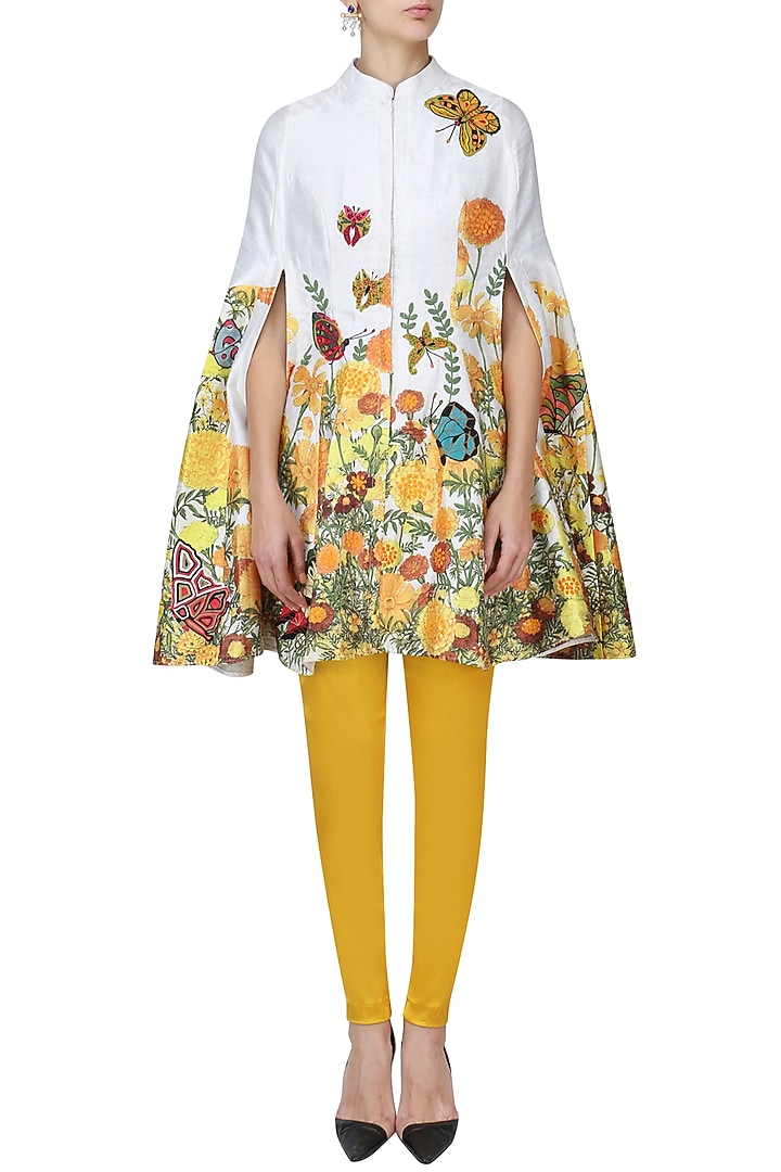 White embroidered cape with yellow fitted pants set available only at Pernia's Pop Up Shop.