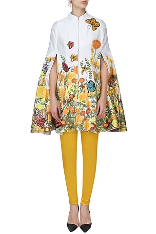 White Embroidered Cape with Yellow Fitted Pants Set by Aharin India