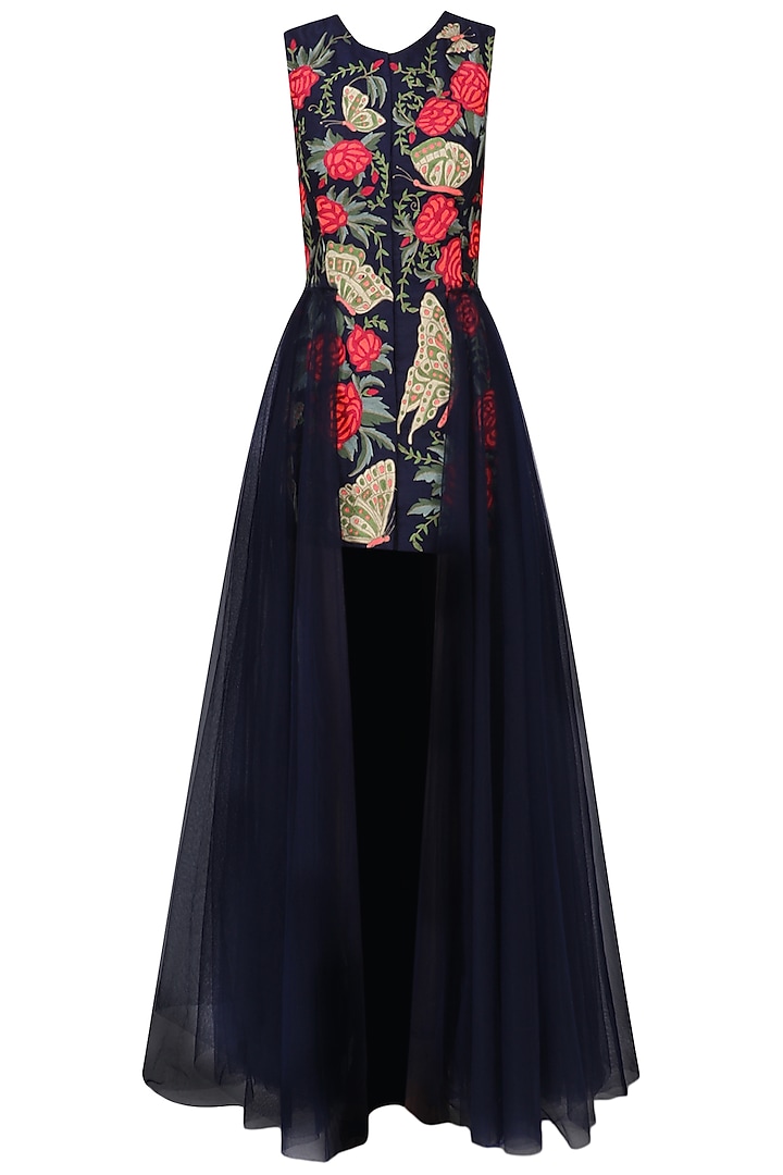Navy Blue Embroidered Trail Dress by Aharin India