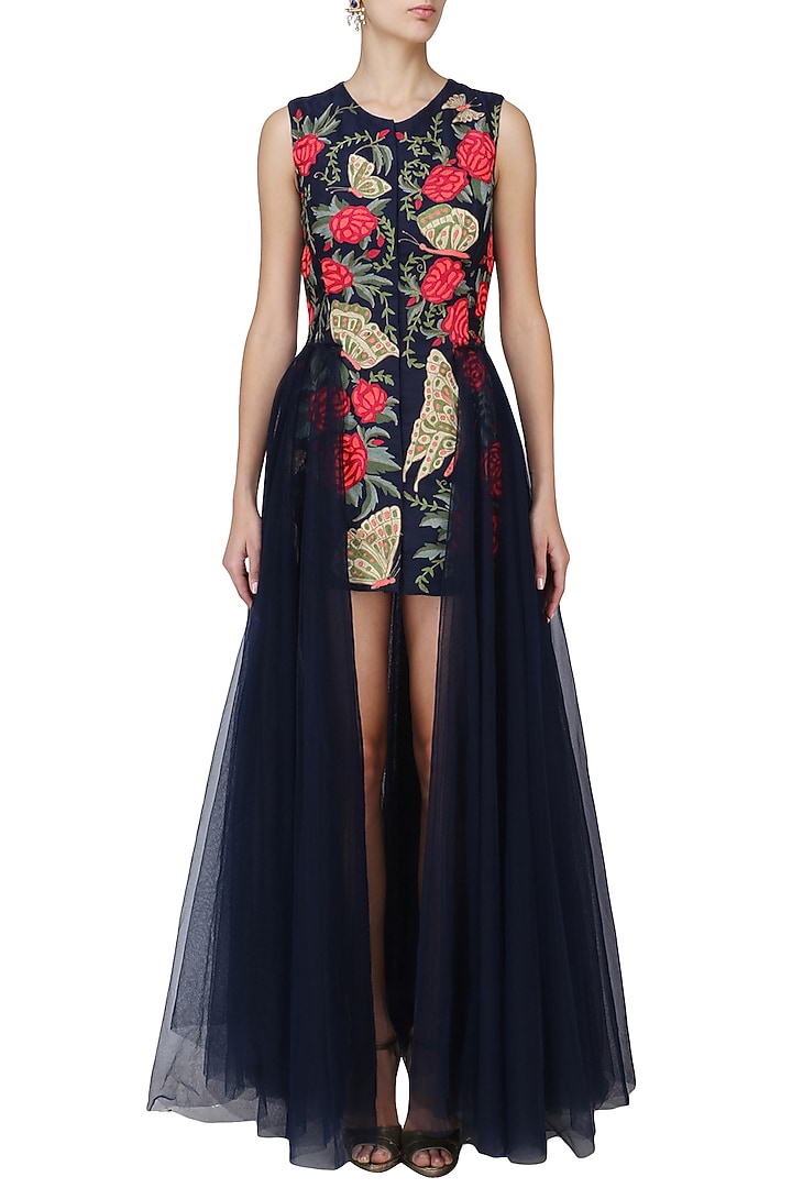 Navy blue embroidered trail dress available only at Pernia's Pop Up Shop.