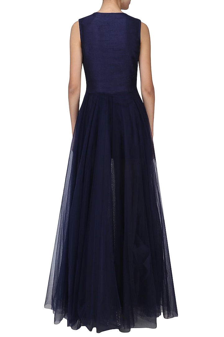 Navy blue embroidered trail dress available only at Pernia's Pop Up Shop.