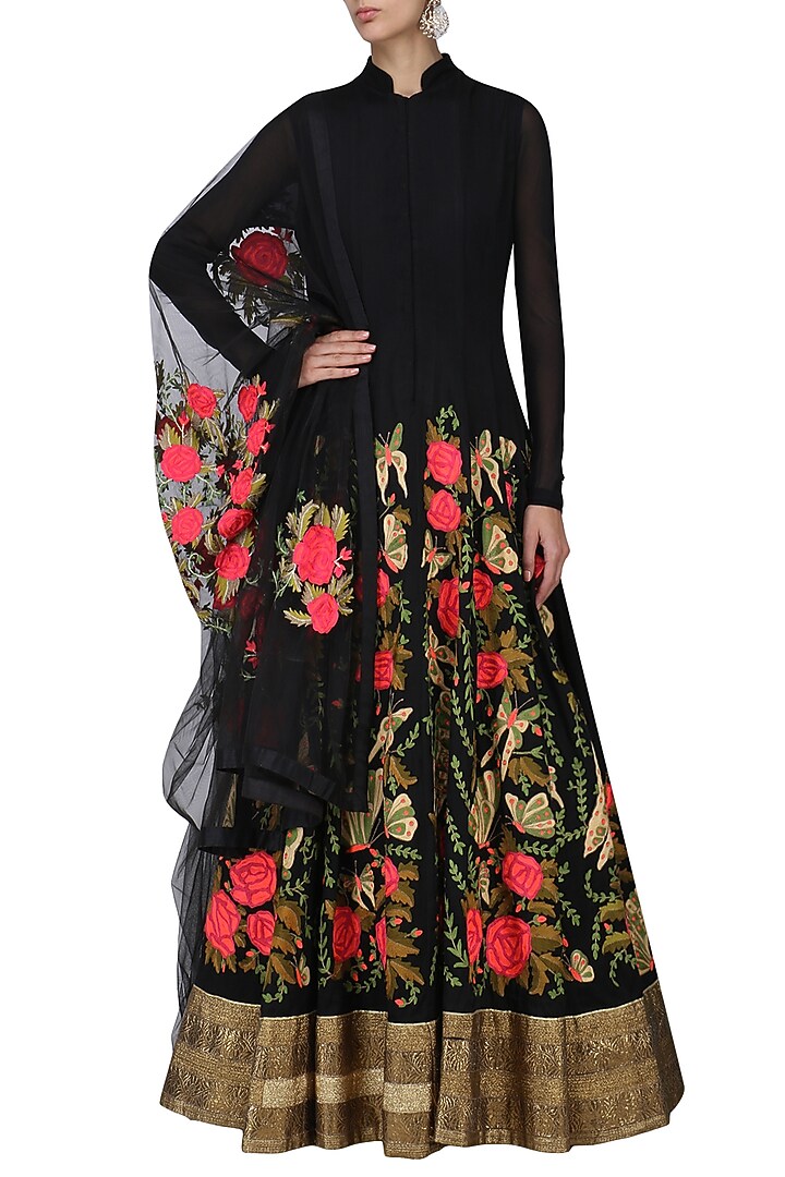 Black butterfly embroidered anarkali set available only at Pernia's Pop Up Shop.
