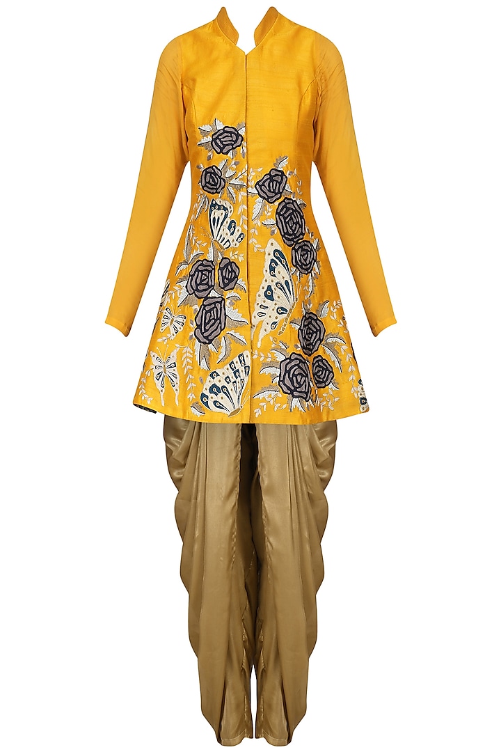 Yellow Butterfly Embroidered Jacket with Gold Dhoti Pants by Aharin India