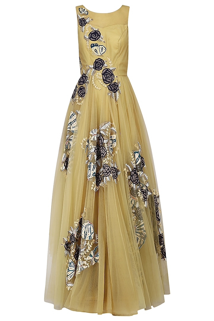 Gold Embroidered Layered Gown by Aharin India