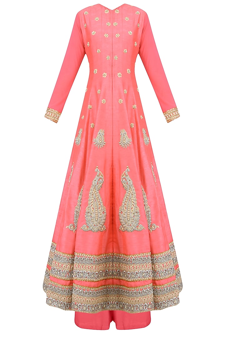 Coral Paisley Motifs Embroidered Anarkali Set with Palazzo Pants by Aharin India