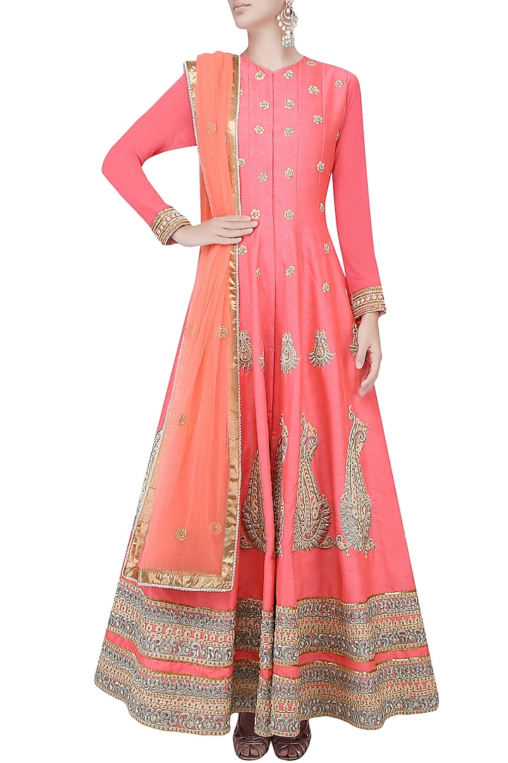 Coral paisley motifs embroidered anarkali set with palazzo pants available only at Pernia's Pop Up Shop.