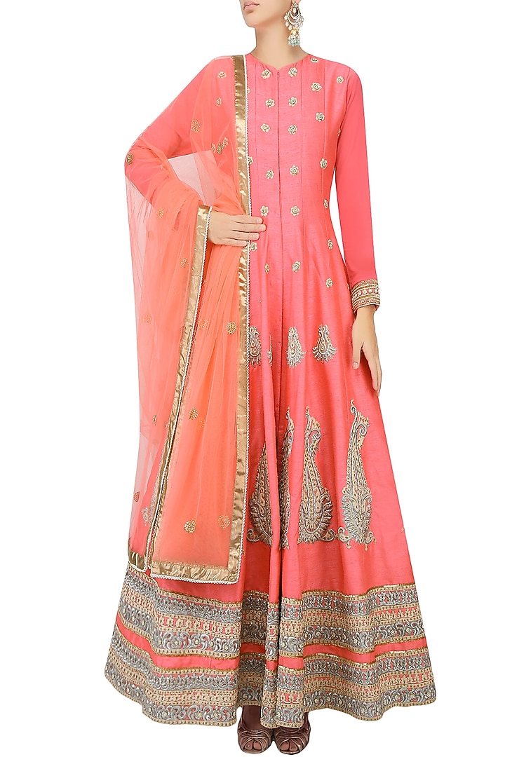 Coral paisley motifs embroidered anarkali set with palazzo pants available only at Pernia's Pop Up Shop.