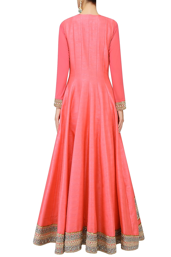 Coral paisley motifs embroidered anarkali set with palazzo pants available only at Pernia's Pop Up Shop.