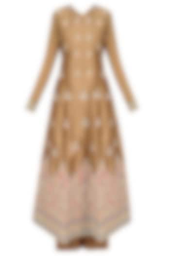 Dark brown pearl and zari embroidered anarkali set with palazzo pants available only at Pernia's Pop Up Shop.