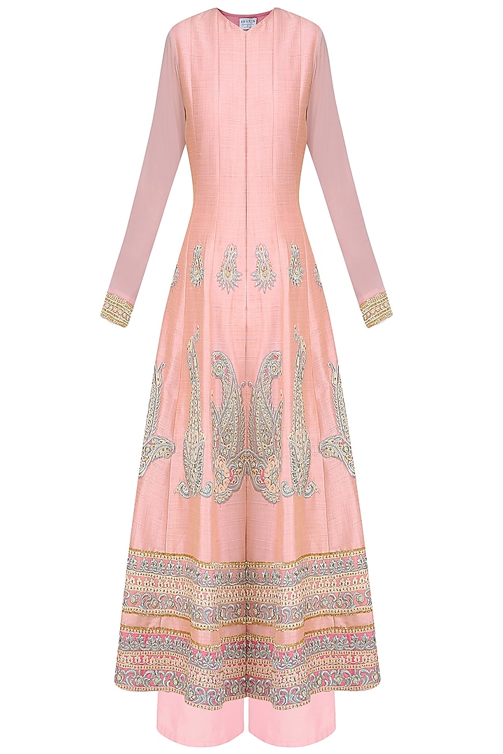 Peach paisley motif embroidered anarkali set with palazzo pants available only at Pernia's Pop Up Shop.