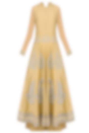 Dark beige pearl and dabka embroidered anarkali set with palazzo pants available only at Pernia's Pop Up Shop.