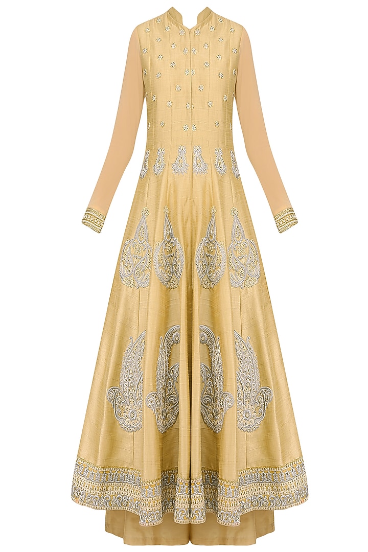 Dark beige pearl and dabka embroidered anarkali set with palazzo pants available only at Pernia's Pop Up Shop.