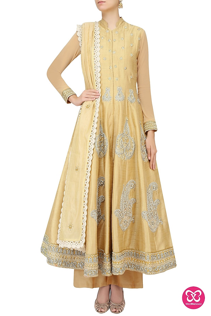 Dark beige pearl and dabka embroidered anarkali set with palazzo pants available only at Pernia's Pop Up Shop.