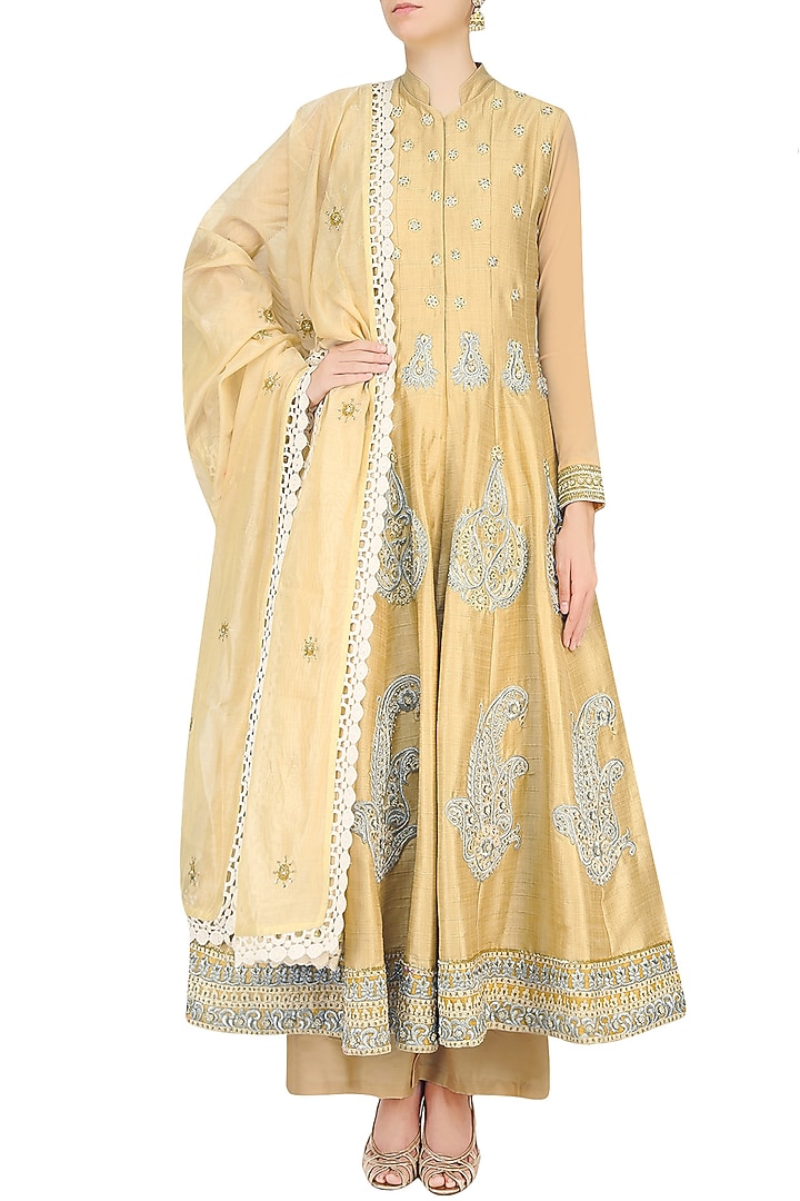 Dark beige pearl and dabka embroidered anarkali set with palazzo pants available only at Pernia's Pop Up Shop.