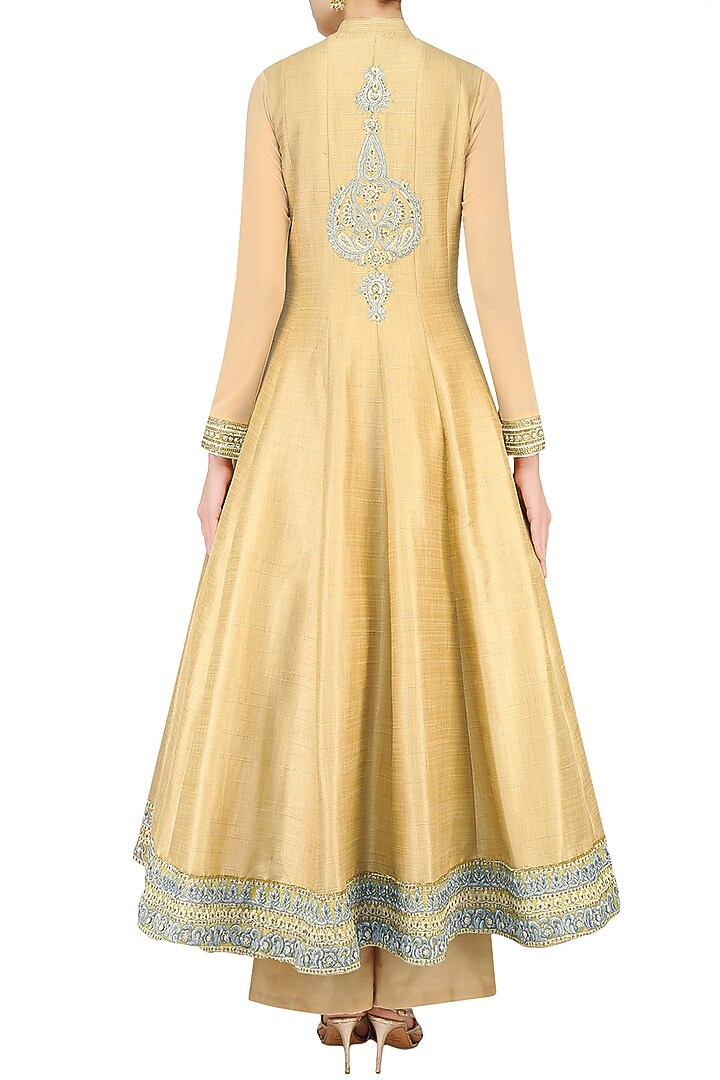 Dark beige pearl and dabka embroidered anarkali set with palazzo pants available only at Pernia's Pop Up Shop.