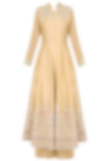 Beige ornate floral embroidered anarkali set with palazzo pants available only at Pernia's Pop Up Shop.