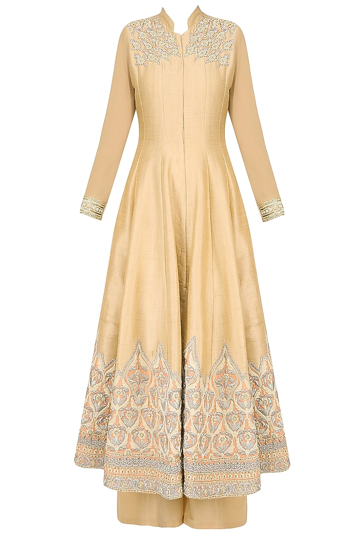 Beige ornate floral embroidered anarkali set with palazzo pants available only at Pernia's Pop Up Shop.