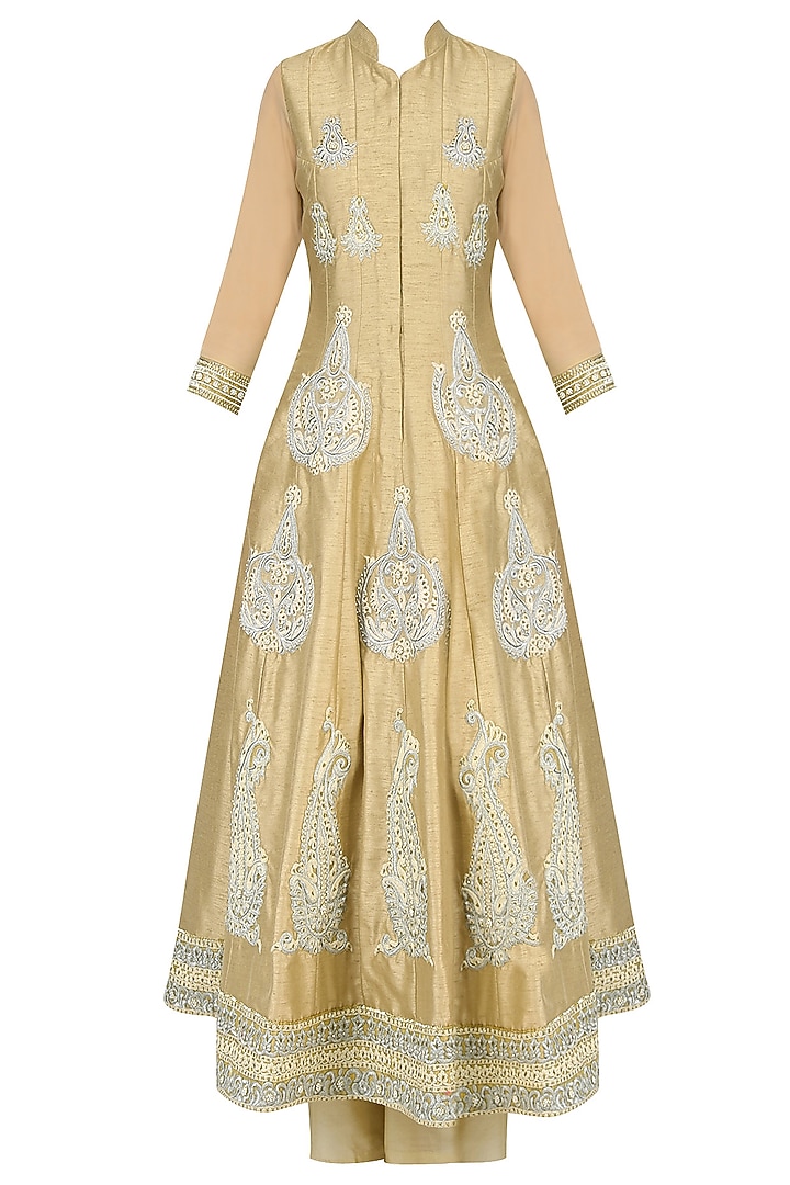 Light gold paisley motif embroidered anarkali set with palazzo pants available only at Pernia's Pop Up Shop.