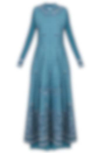 Teal blue ornate floral embroidered anarkali with palazzo pants available only at Pernia's Pop Up Shop.