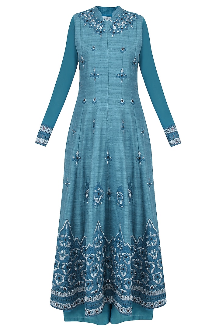 Teal blue ornate floral embroidered anarkali with palazzo pants available only at Pernia's Pop Up Shop.