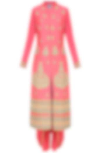 Coral pearl and dori embroidered straight kurta set with dhoti pants available only at Pernia's Pop Up Shop.