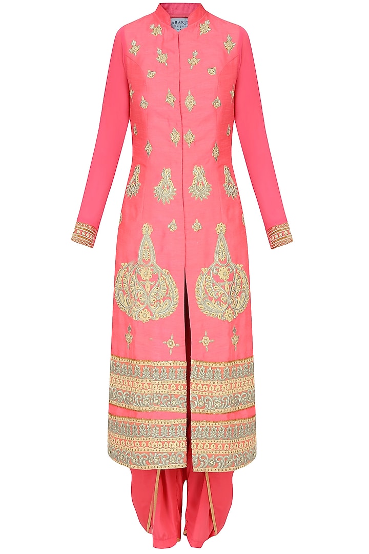 Coral pearl and dori embroidered straight kurta set with dhoti pants available only at Pernia's Pop Up Shop.