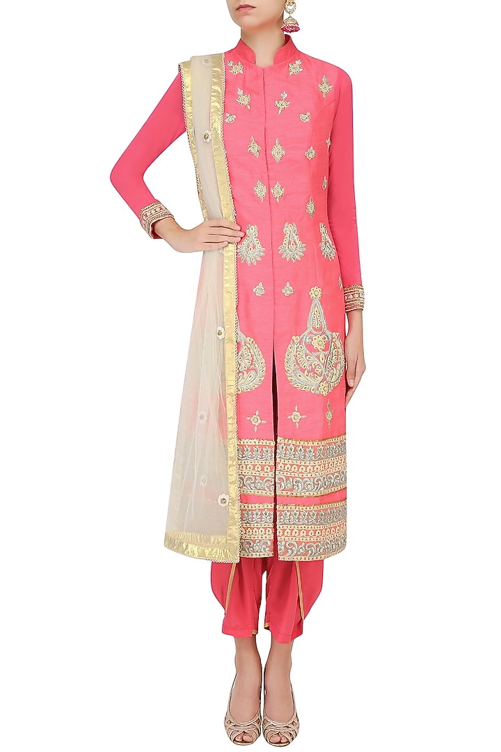 Coral pearl and dori embroidered straight kurta set with dhoti pants available only at Pernia's Pop Up Shop.