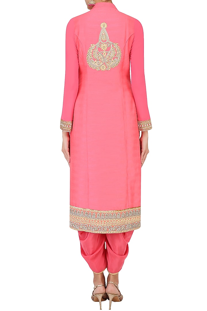 Coral pearl and dori embroidered straight kurta set with dhoti pants available only at Pernia's Pop Up Shop.