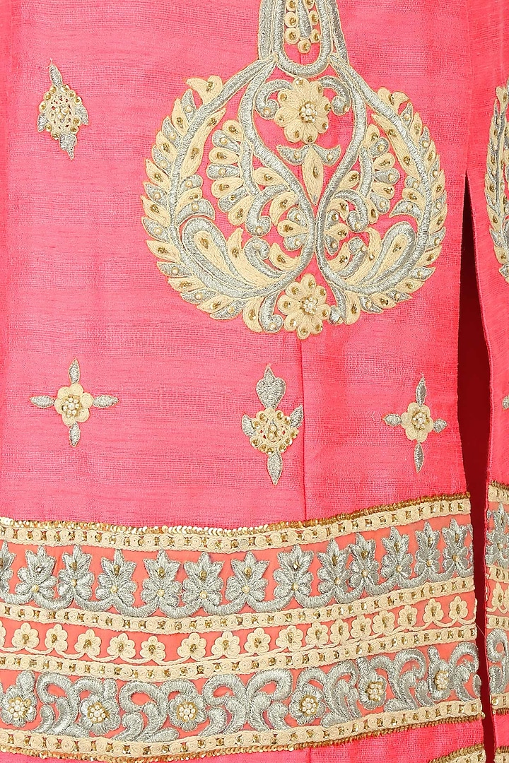 Coral pearl and dori embroidered straight kurta set with dhoti pants available only at Pernia's Pop Up Shop.