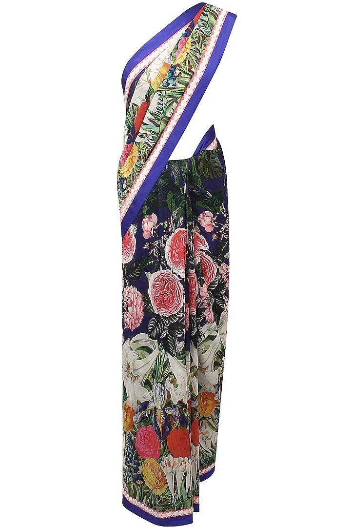 Blue Floral Printed Saree with Pink Embroidered Blouse by Aharin India