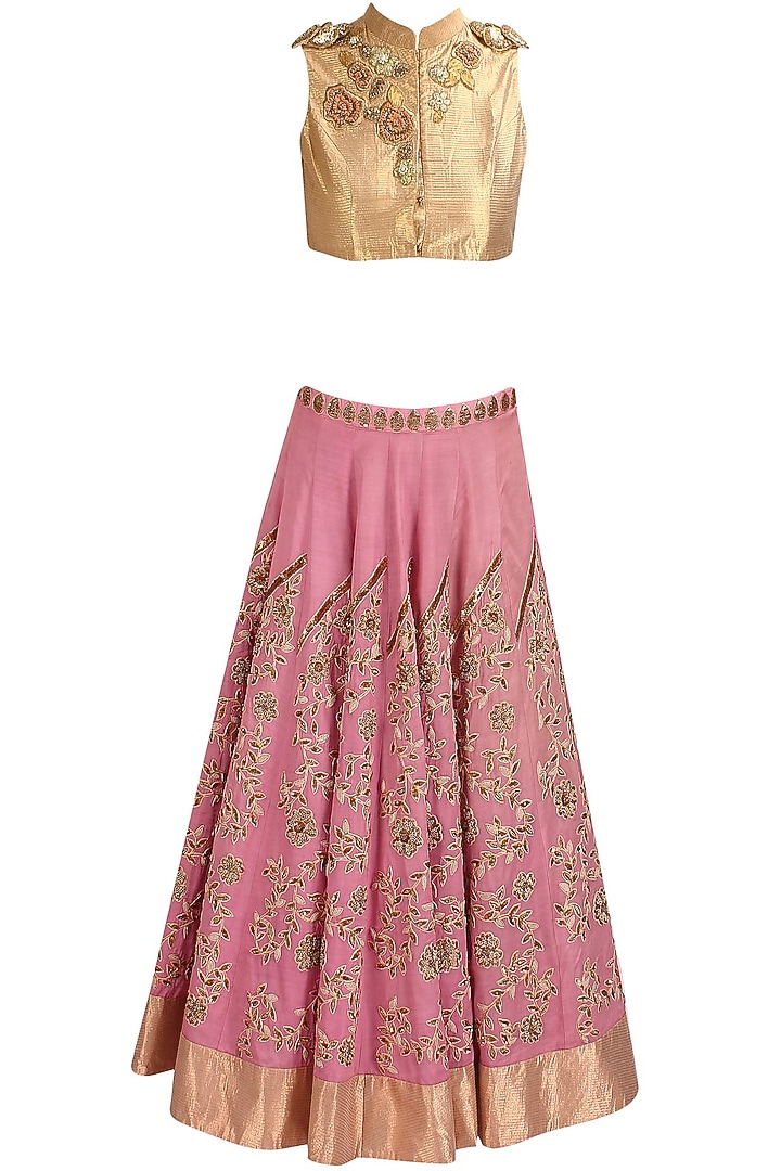 Pink floral zardozi and resham embroidered lehenga and gold blouse set available only at Pernia's Pop Up Shop.
