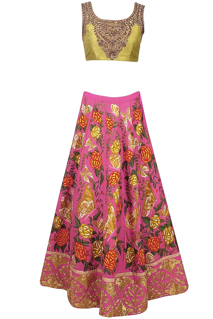 Pink Butterfly and Floral Embroidered Lehenga and Lime Green Blouse Set by Aharin India