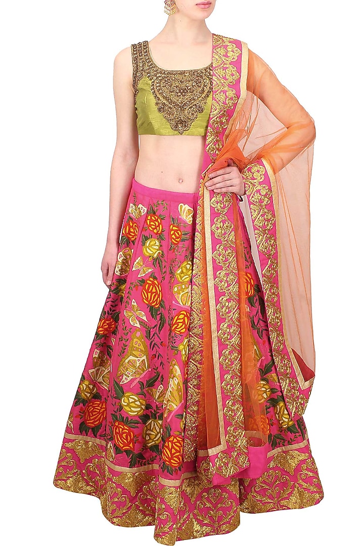 Pink butterfly and floral embroidered lehenga and lime green blouse set available only at Pernia's Pop Up Shop.