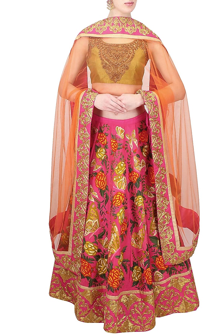 Pink butterfly and floral embroidered lehenga and lime green blouse set available only at Pernia's Pop Up Shop.