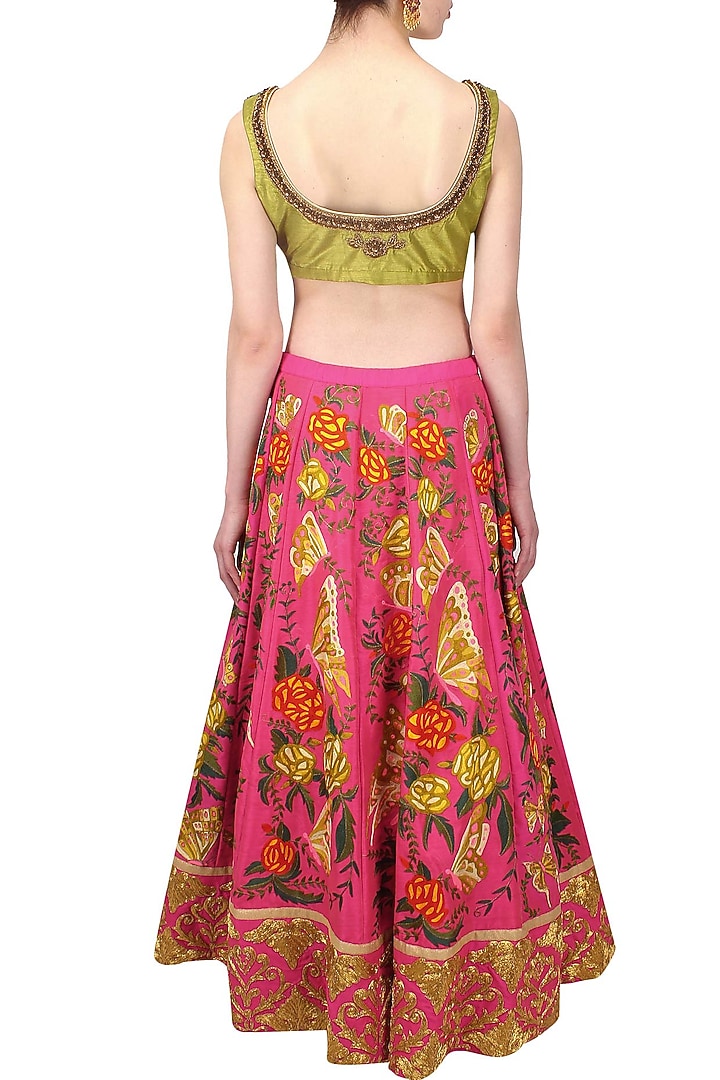 Pink butterfly and floral embroidered lehenga and lime green blouse set available only at Pernia's Pop Up Shop.