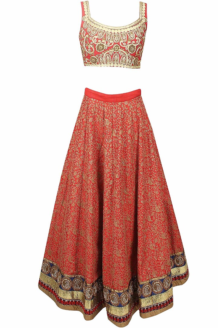 Red Floral Thread and Sequins Embroidered Lehenga Set by Aharin India