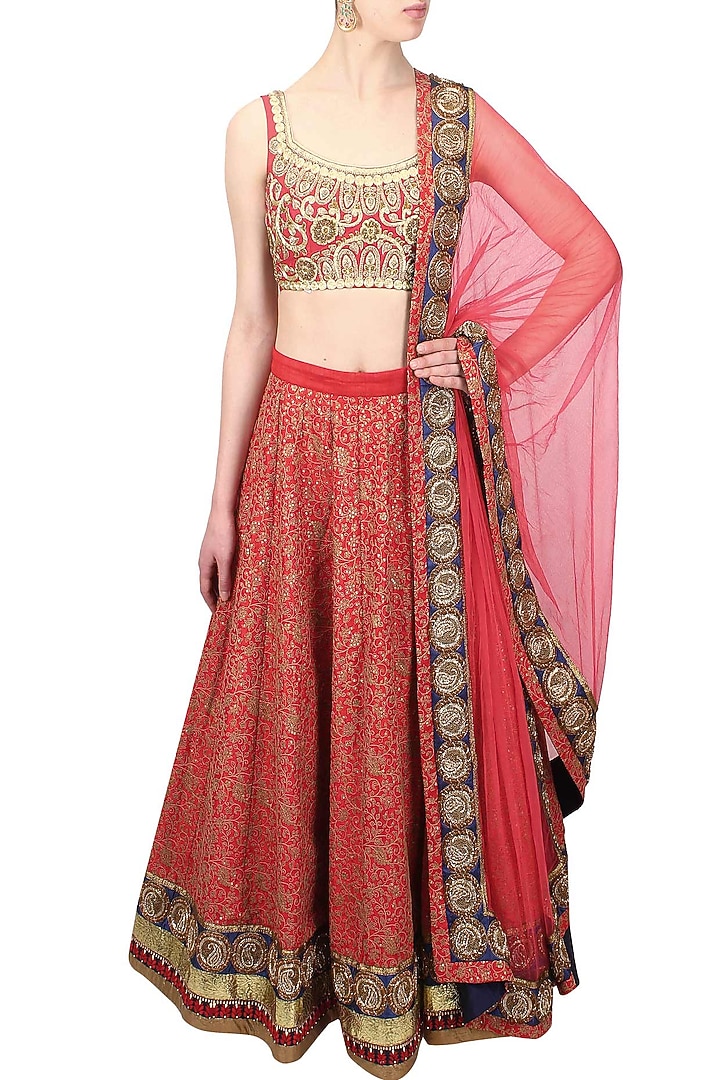 Red floral thread and sequins embroidered lehenga set available only at Pernia's Pop Up Shop.