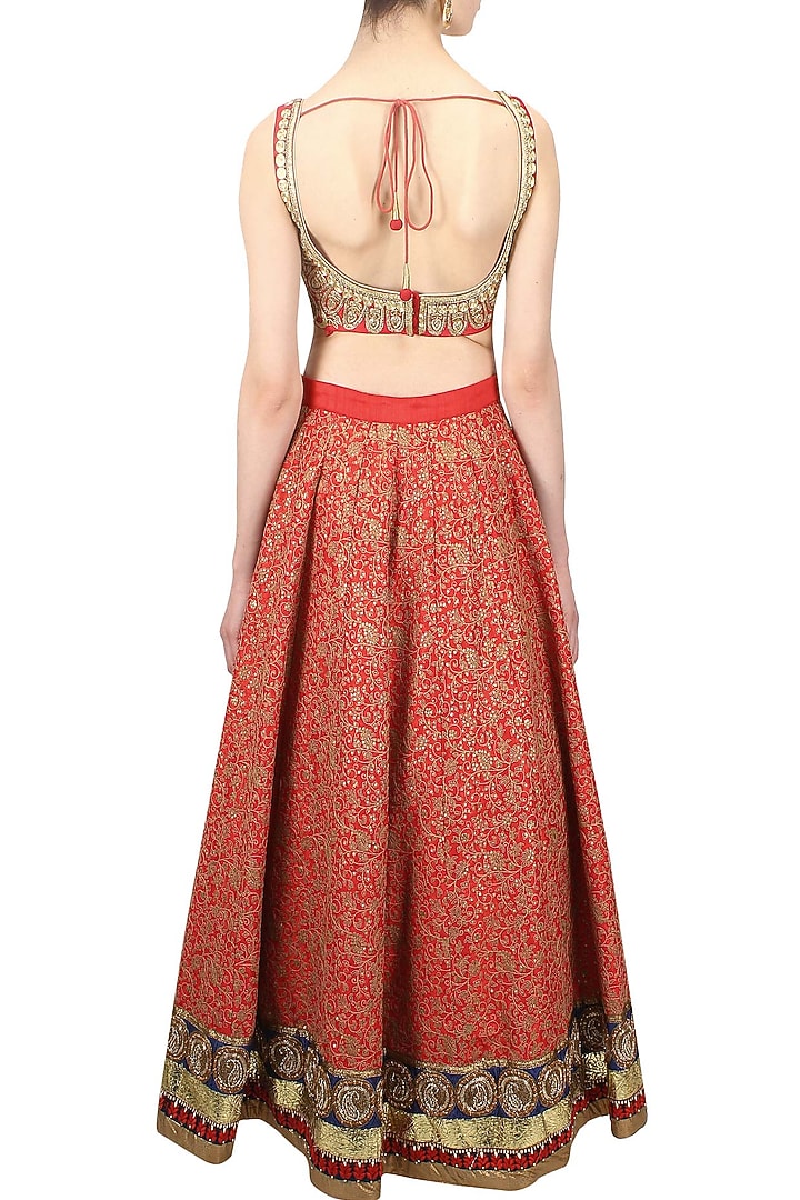 Red floral thread and sequins embroidered lehenga set available only at Pernia's Pop Up Shop.