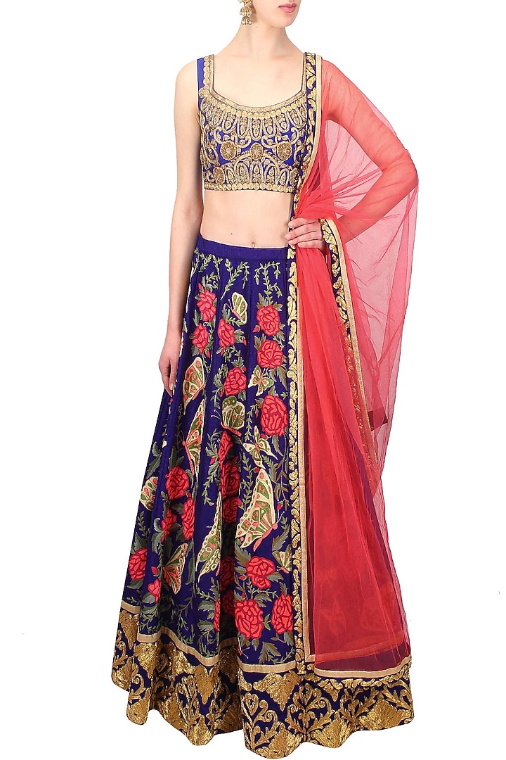Blue butterfly and floral resham and zari embroidered lehenga set available only at Pernia's Pop Up Shop.