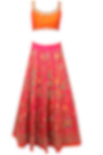 Pink Floral Resham and Zari Embroidered Lehenga and Orange Blouse Set by Aharin India