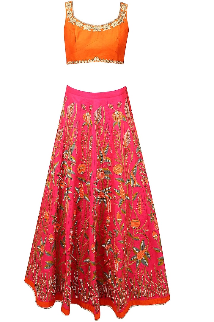 Pink Floral Resham and Zari Embroidered Lehenga and Orange Blouse Set by Aharin India