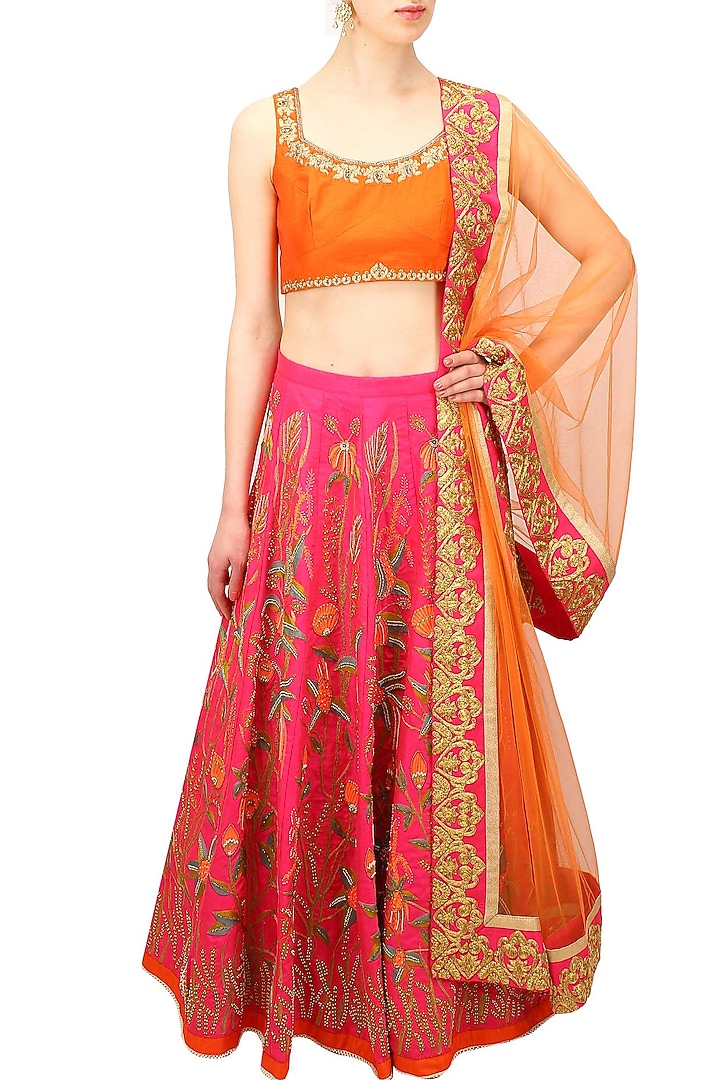 Pink floral resham and zari embroidered lehenga and orange blouse set available only at Pernia's Pop Up Shop.