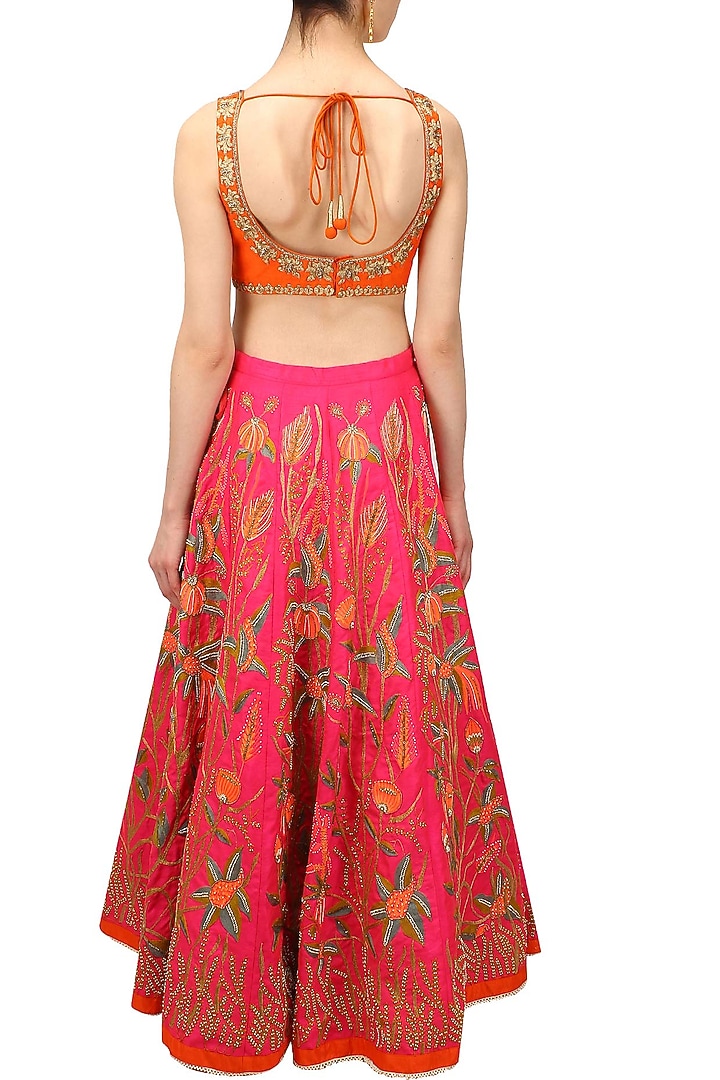 Pink floral resham and zari embroidered lehenga and orange blouse set available only at Pernia's Pop Up Shop.