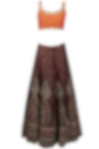 Maroon resham and zari embroidered brocade lehenga and orange blouse set available only at Pernia's Pop Up Shop.
