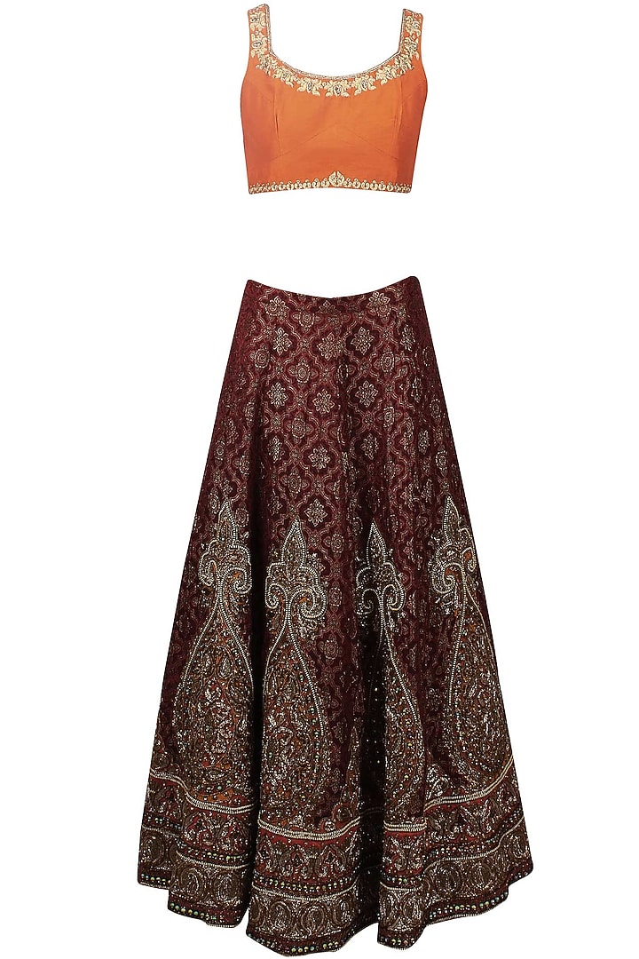Maroon resham and zari embroidered brocade lehenga and orange blouse set available only at Pernia's Pop Up Shop.